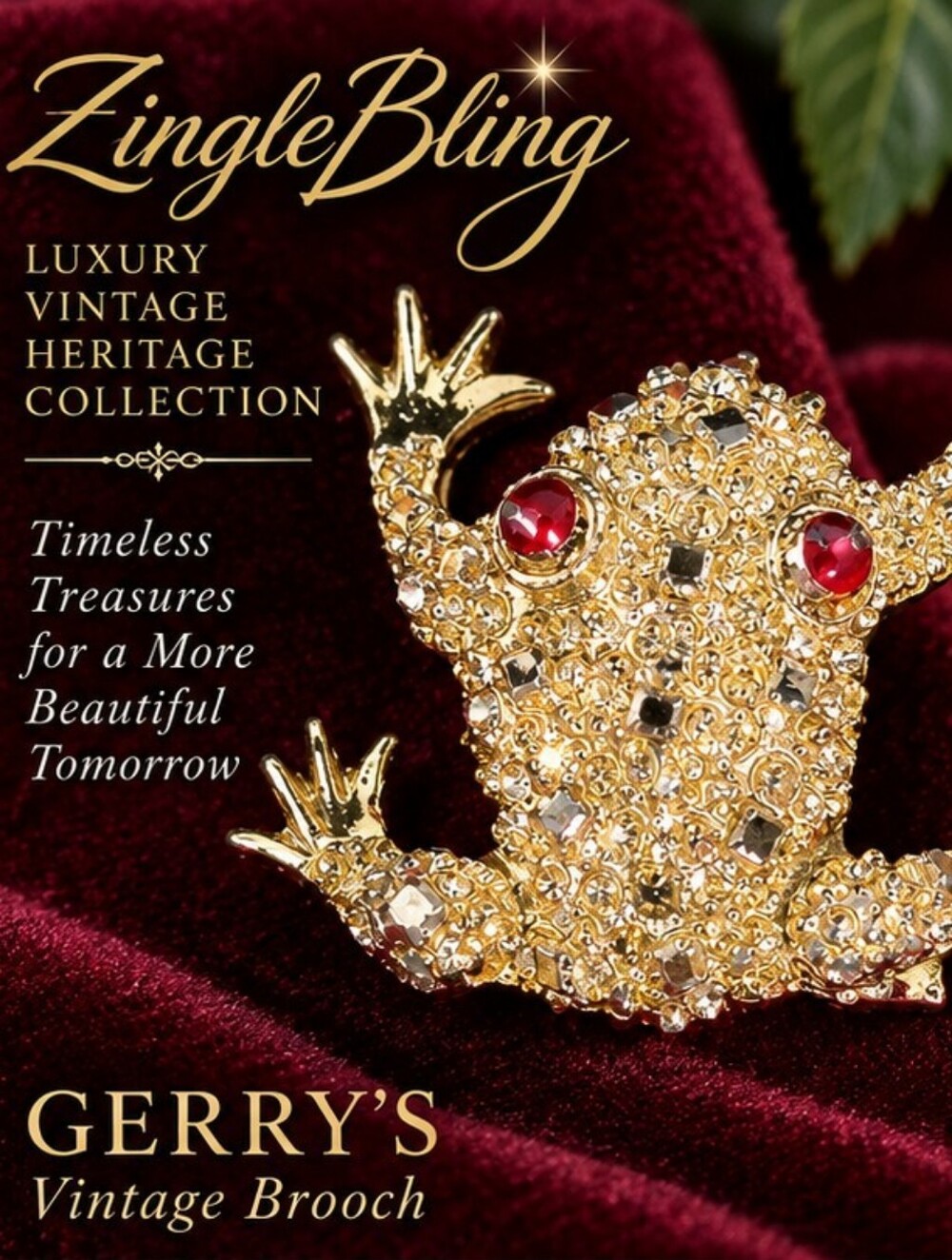Vintage GERRY'S Frog Brooch Crystal Rhinestone Red Eyes Gold Tone Signed